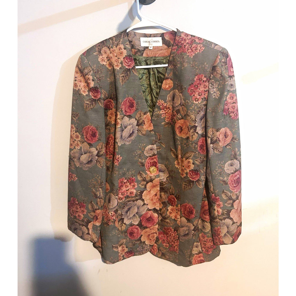 Casual Corner Womens Floral Tapestry Button Front Lined Blazer Gray Size 8