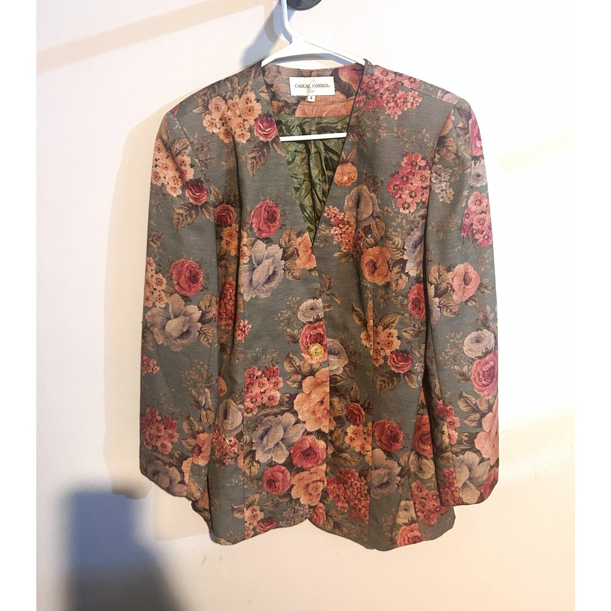 Casual Corner Womens Floral Tapestry Button Front Lined Blazer Gray Size 8