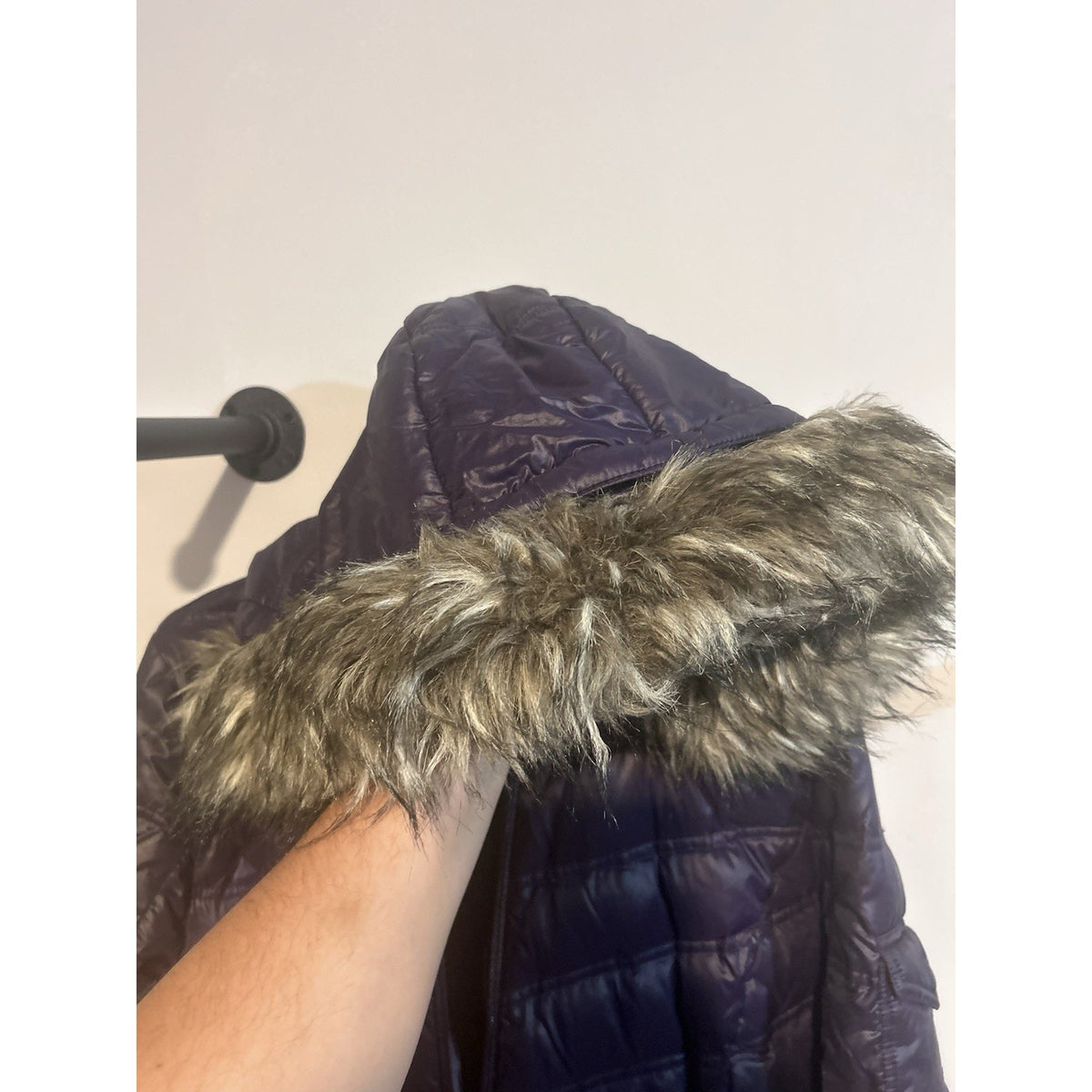 Coldwater Creek Womens 10-12 Purple Down Puffer Coat Hood Faux Fur Long Zip