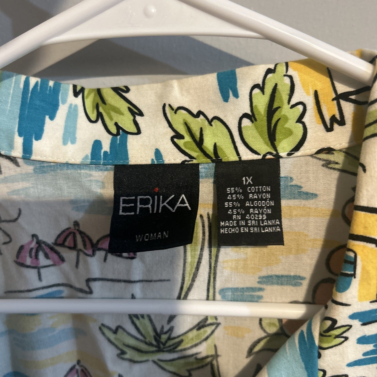 ERIKA Tropical Resortwear Button Up Top Shirt Size 1X Cotton Blend 90’s-00’s