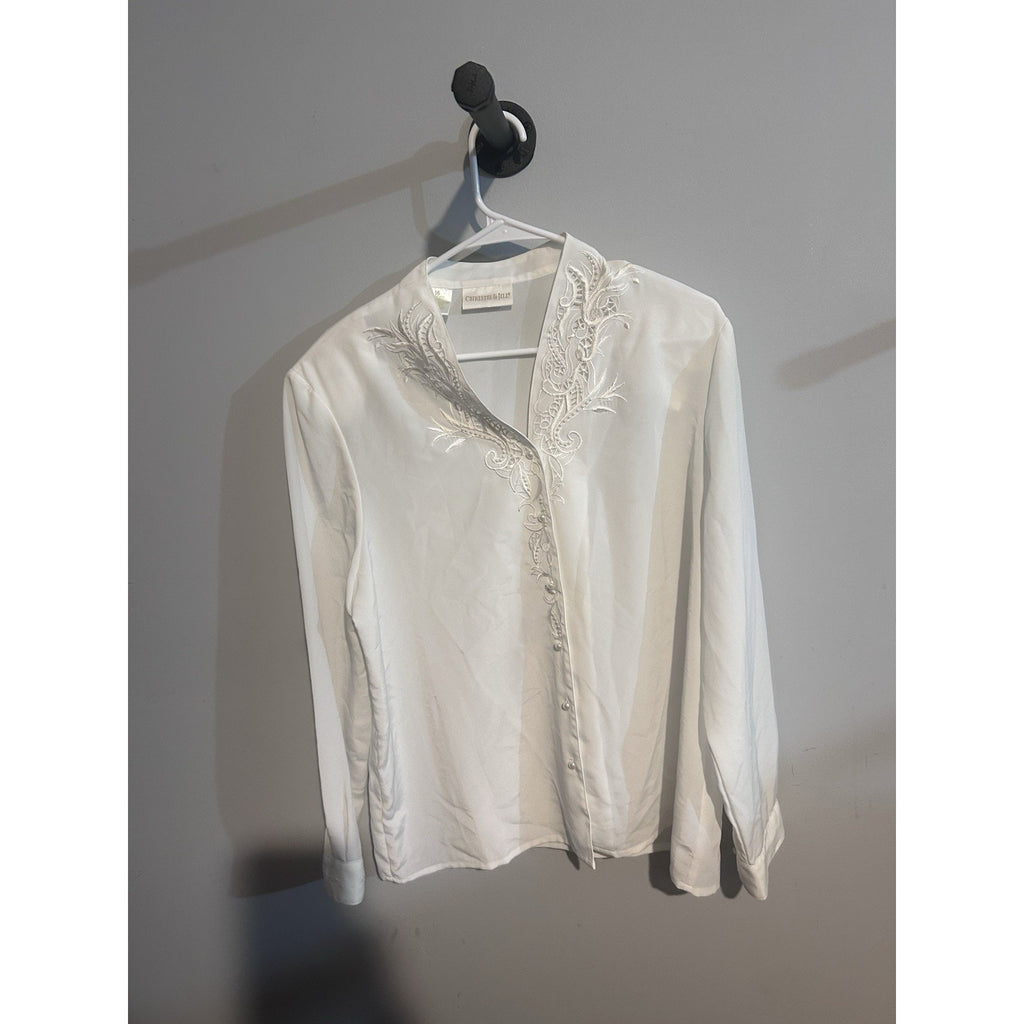 VTG Christie & Jill Blouse Women’s 16 White Beaded LS Button Up Embroidered
