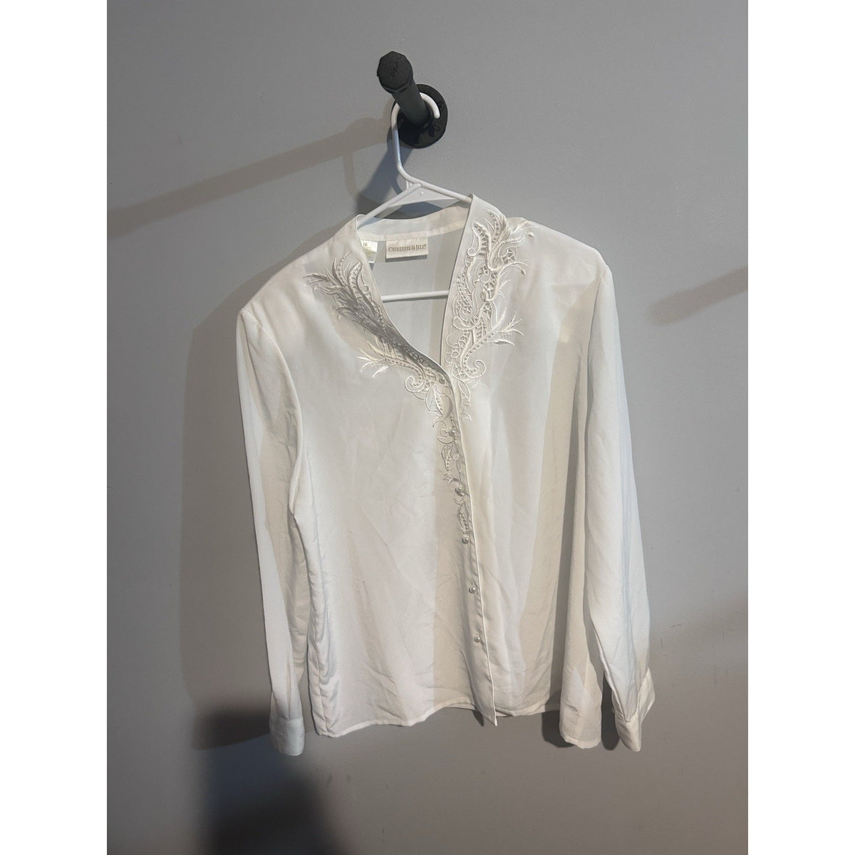 VTG Christie & Jill Blouse Women’s 16 White Beaded LS Button Up Embroidered