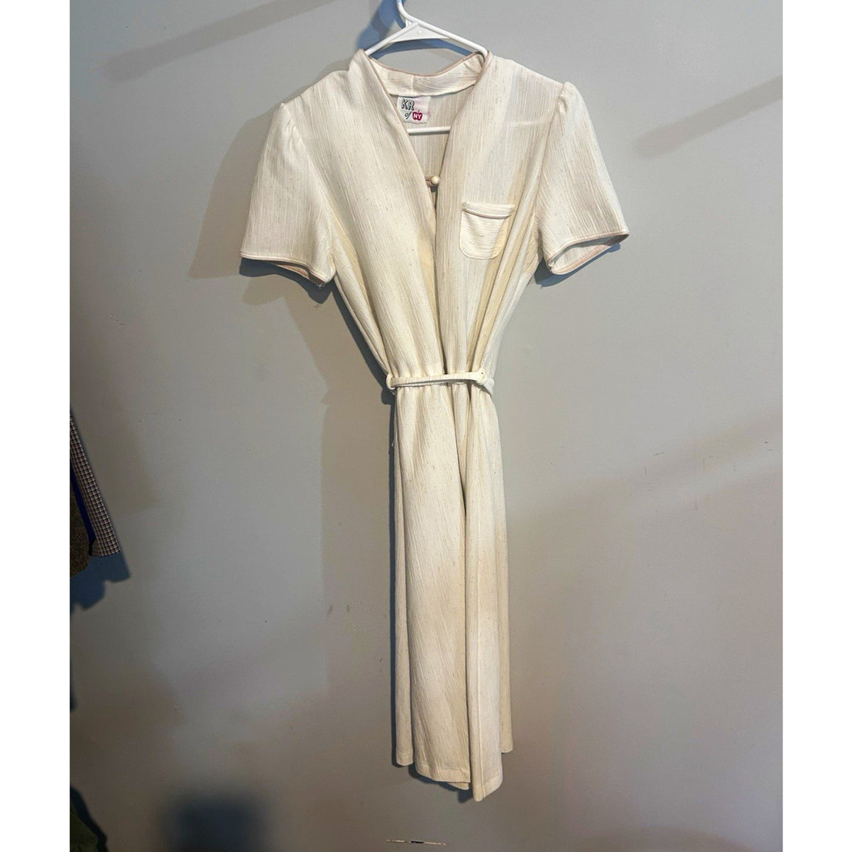 KR of NY Women Ivory Solid Knit Midi Dress V-Neck Short Sleeve Tie Waist 14