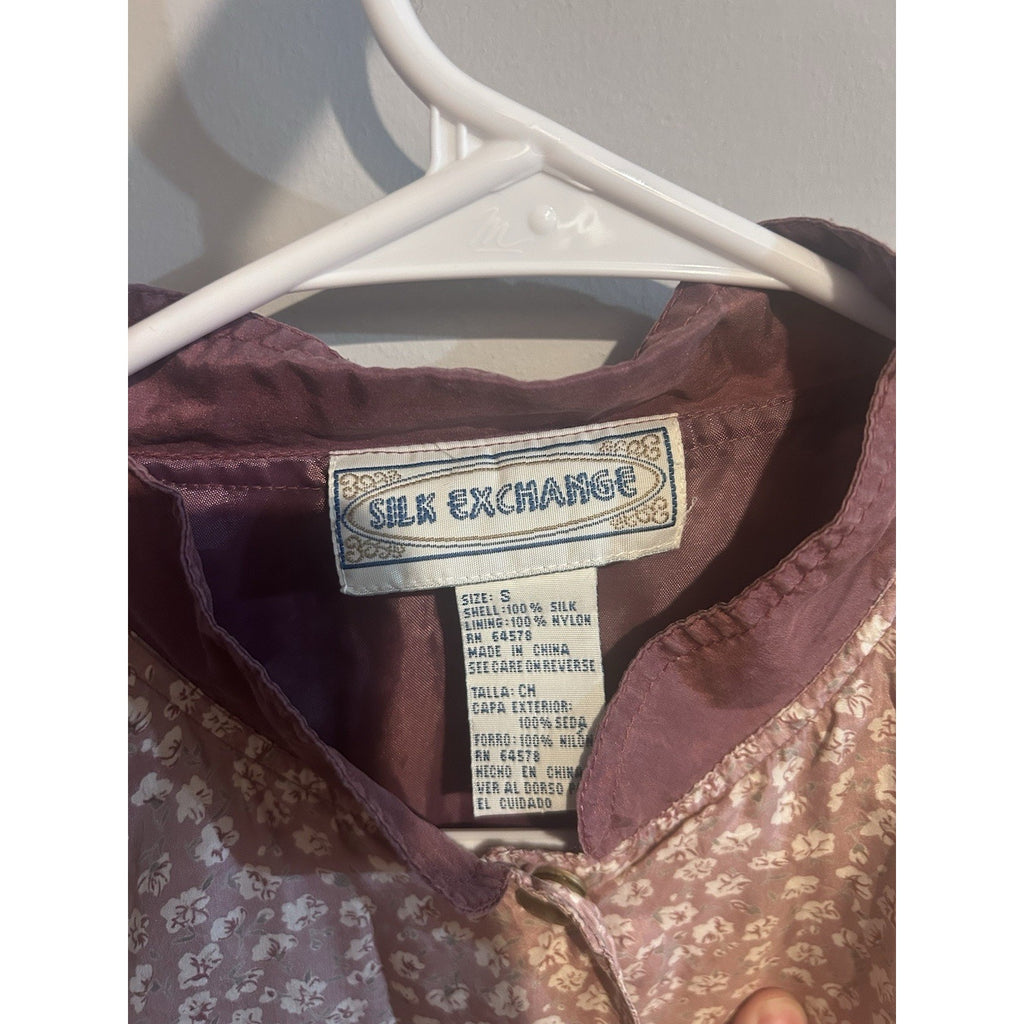 Silk Exchange Womens Purple Floral Silk Bomber Jacket Snap Front Size S