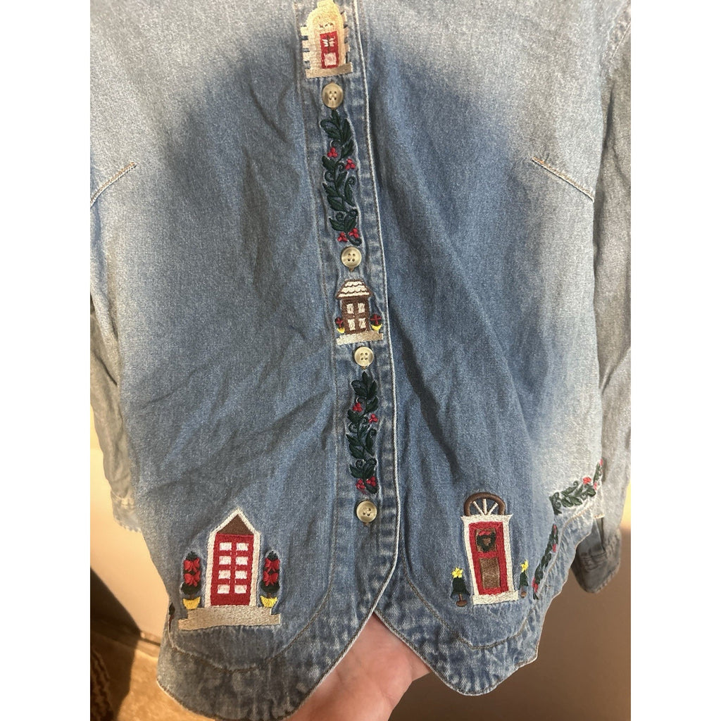 Bill Blass Blue Cotton LS Christmas Button Front Trucker Womens Jacket Size L