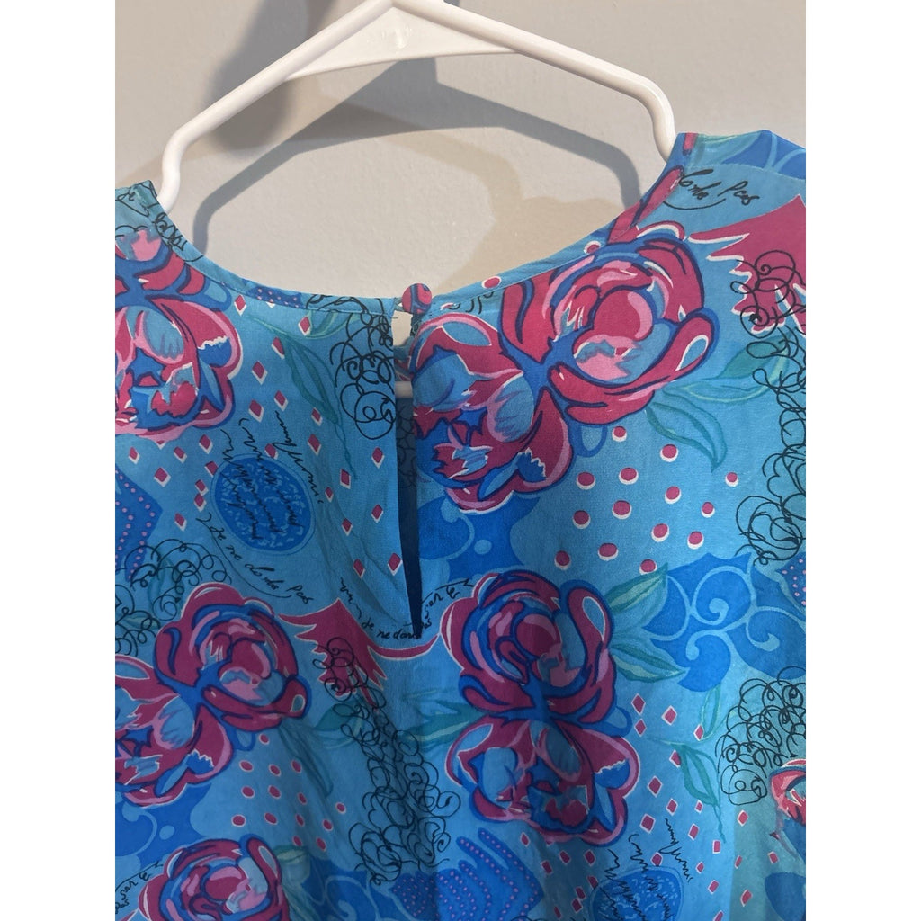 CLIO Women’s Blue Pink Floral Chiffon Blouse SS Round Neck Button Top Sz L