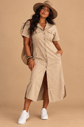 LL Bean Vintage 1980s Khaki Tan Cotton Safari Shirt Dress