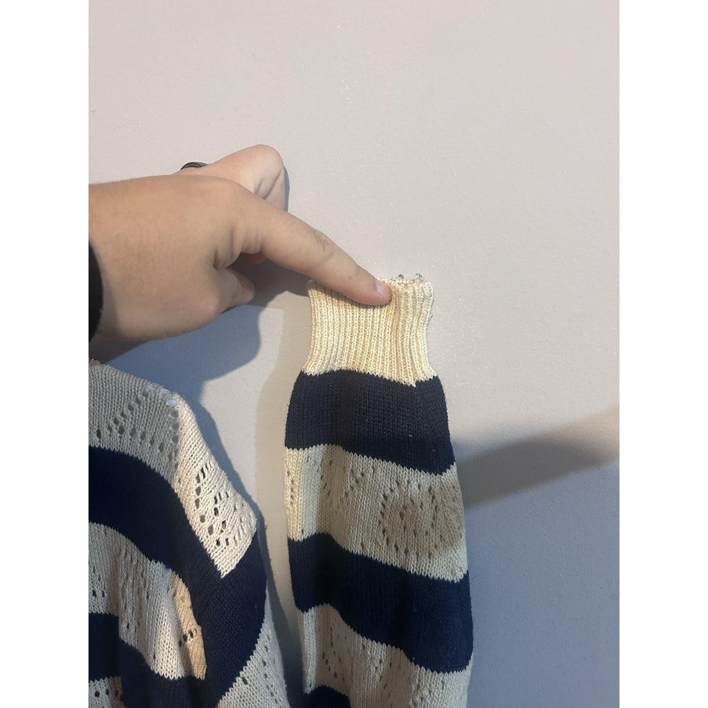 Crazy Horse Women’s Navy/Beige Striped Open-Knit Crew Neck Pullover Sweater L