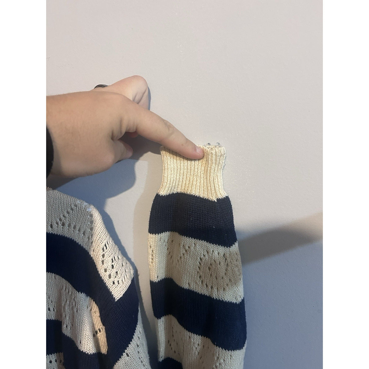 Crazy Horse Women’s Navy/Beige Striped Open-Knit Crew Neck Pullover Sweater L