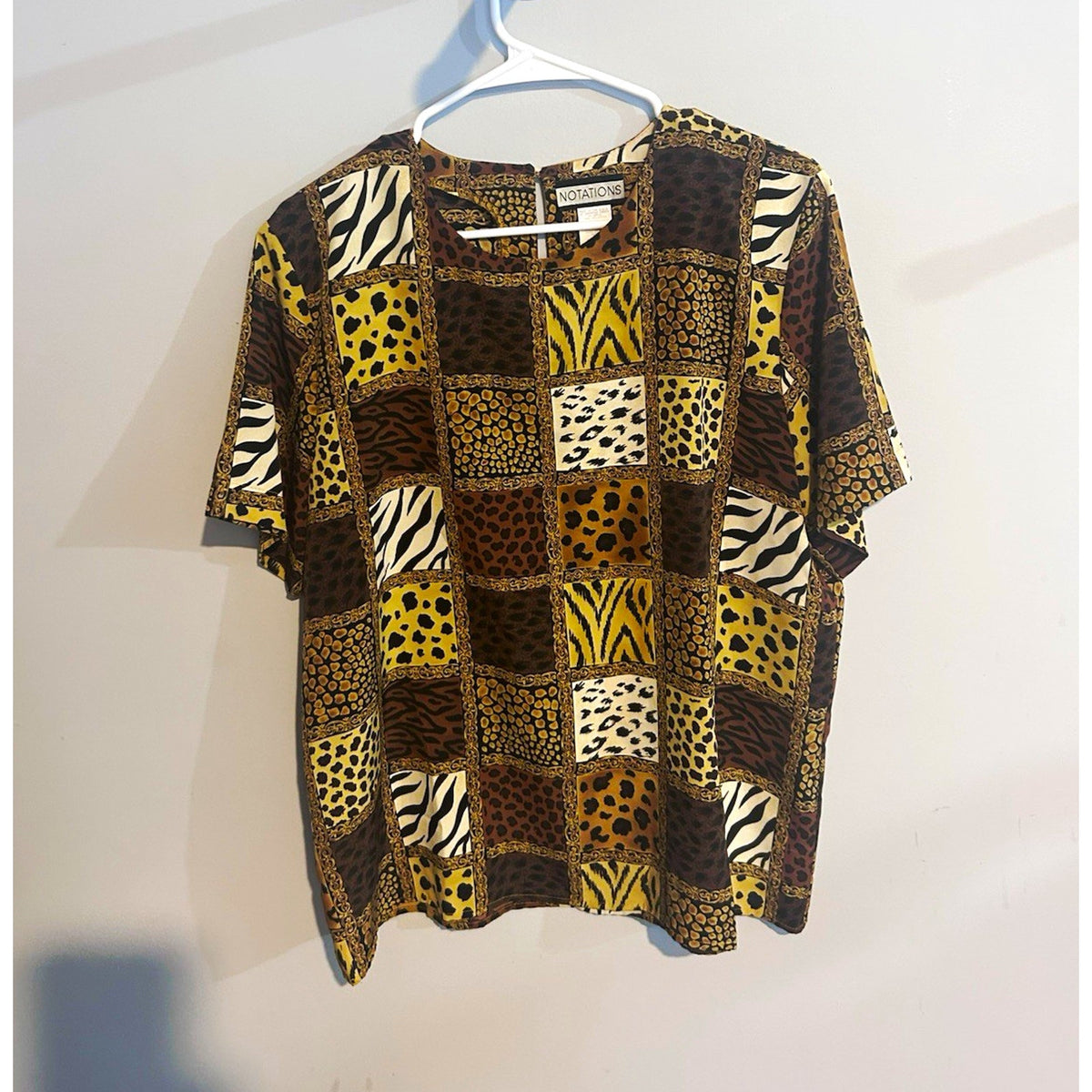Notations Women’s Blouse L SS Round Neck Animal Print Patchwork Brown/Beige
