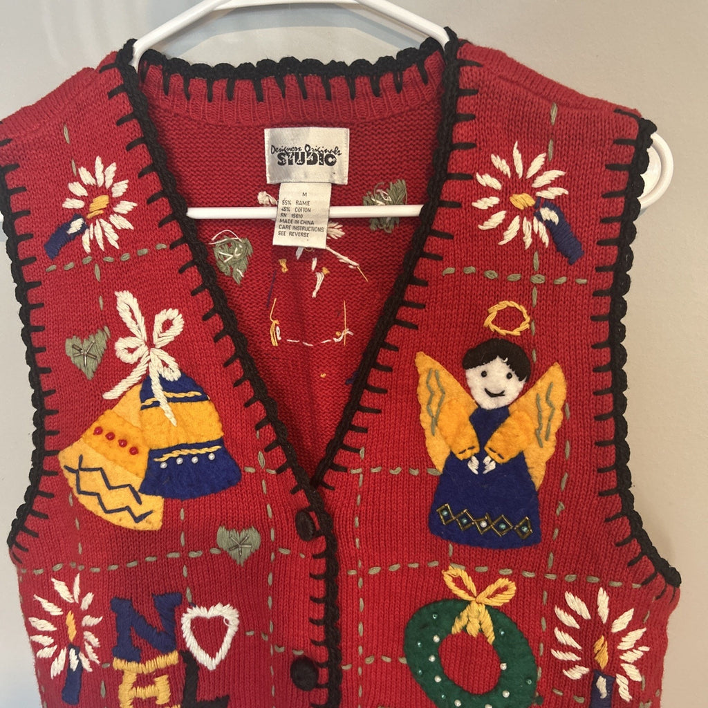 Christmas Sweater Vest Women - M Vintage Noel Red Embroidered Beaded Santa Elf