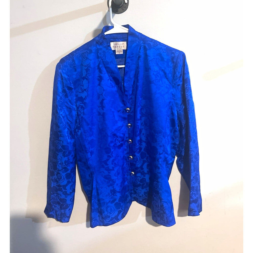VTG Adrianna Papell Womens Blue Silk Floral Jacquard Lined Button Jacket Size 12