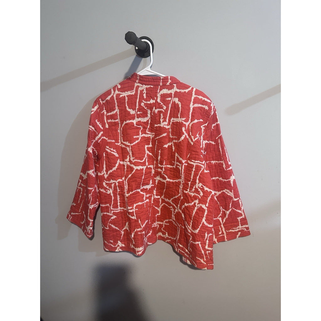 Chico's Womens Quilted Jacket Size 3 Juniors Coral White Abstract Open Front 3/4