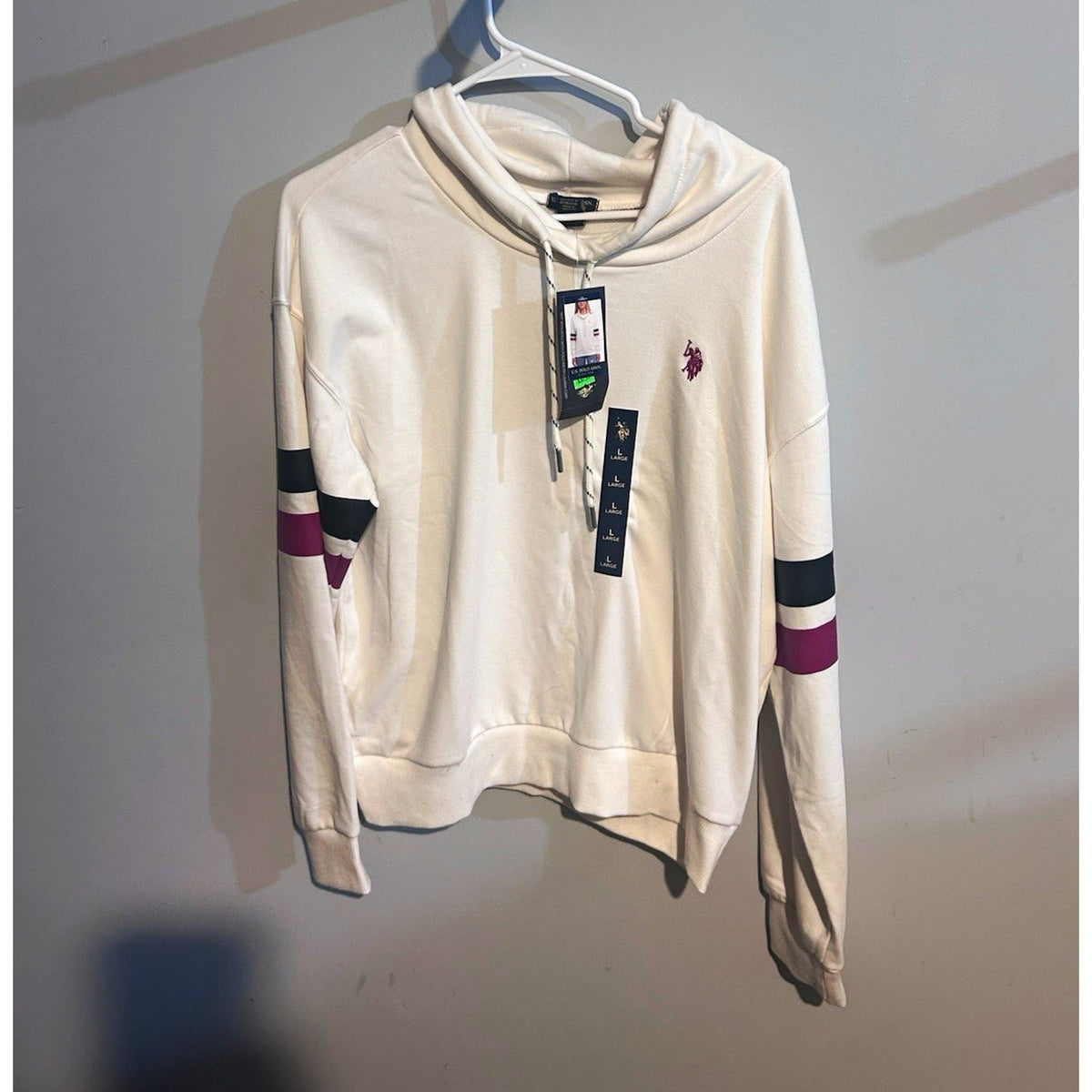 U.S. Polo Assn. Women's Pullover Hoodie L White/Purple/Black Colorblock Fleece