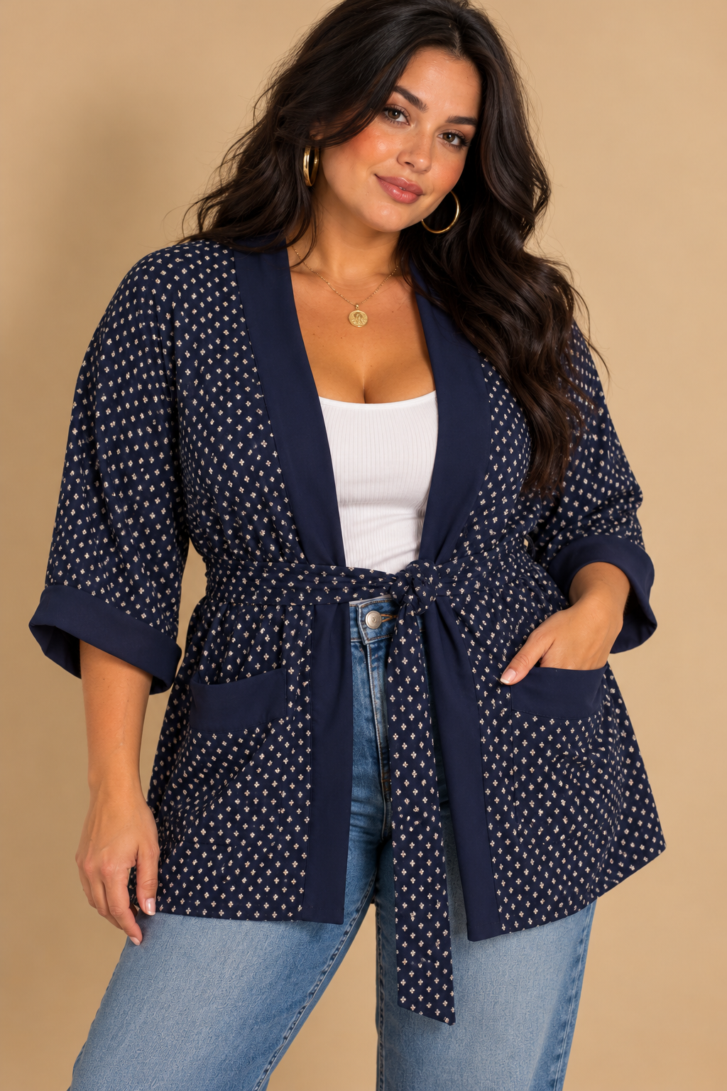 Lady Carol of New York Women’s Navy Geometric Satin Kimono Robe V-Neck 16