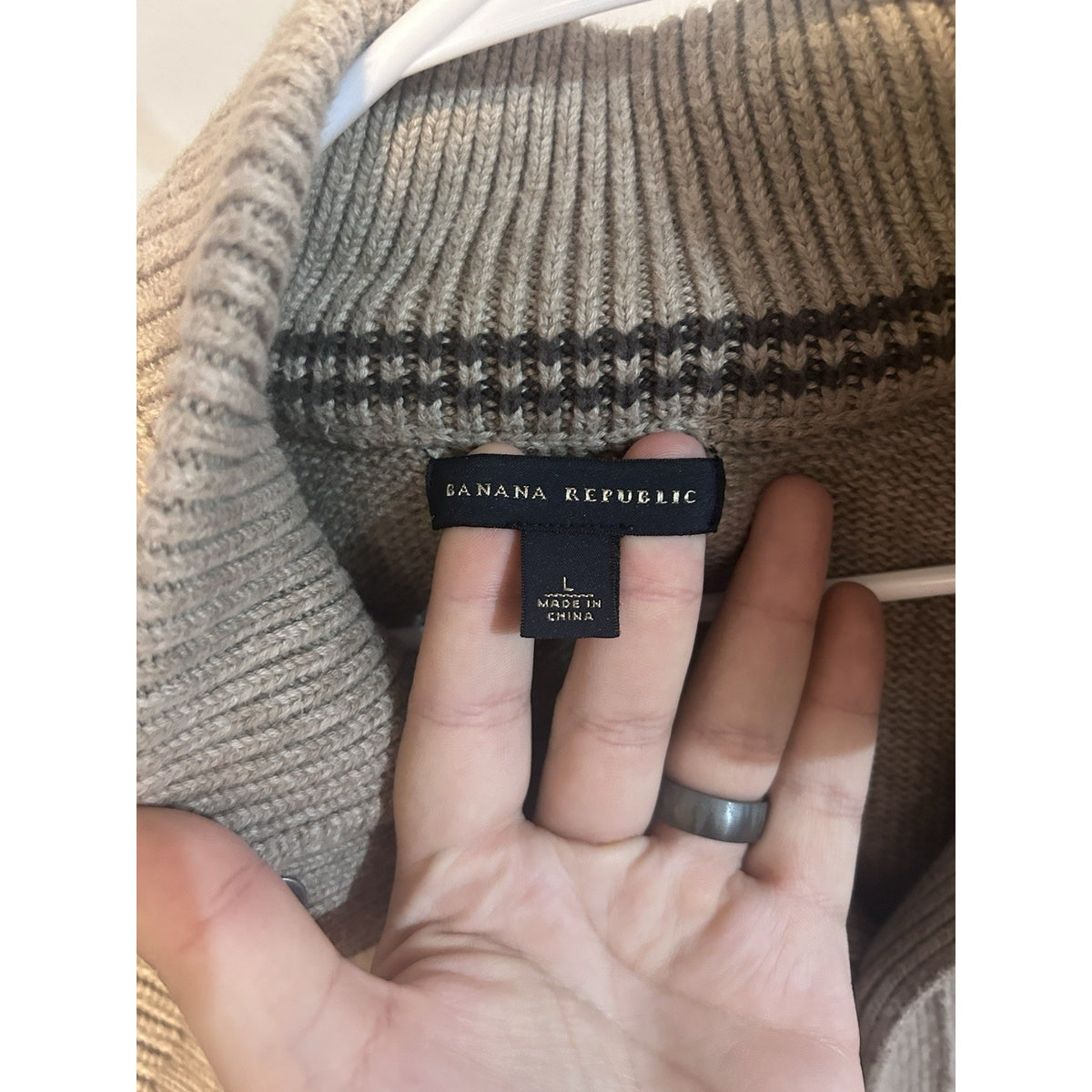 Banana Republic Men's Beige Cotton Cable-Knit Mock Neck Cardigan Pockets L