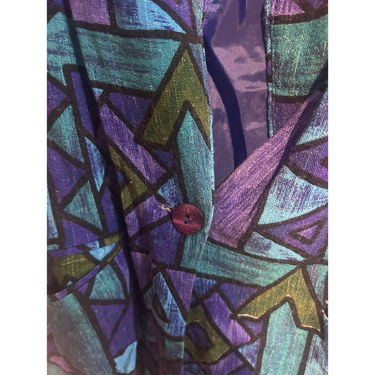 Modiano Women’s Geometric V-Neck Short Sleeve Button-Front Blouse Sz 14 Purple