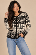 VTG Classic Elements Black/White Fair Isle Knit Button Front Pockets Cardigan M