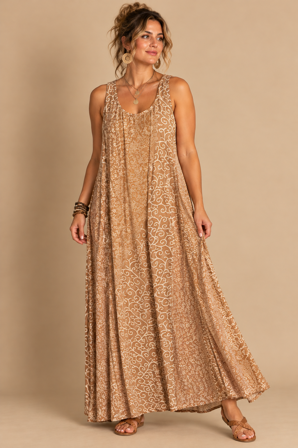 Saji Women Beige/White Floral Scoop Neck Chiffon Maxi Dress Lined Layered L