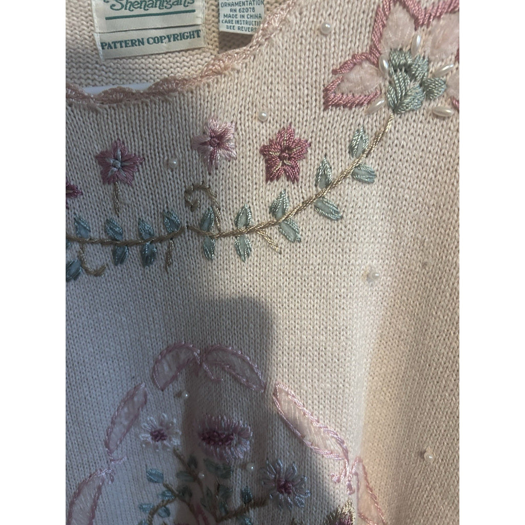 Shenanigans Women’s Beige Knit Crew Neck Floral Embroidered Beaded Sweater M VTG