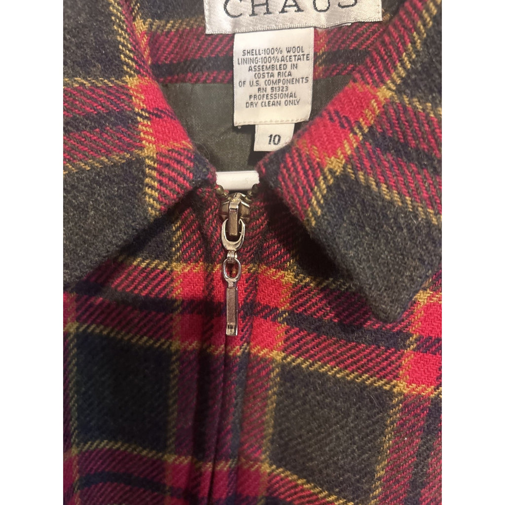 Chaus Red and Gold Plaid Zip Up Blazer 100% Wool Shell Women's size 10