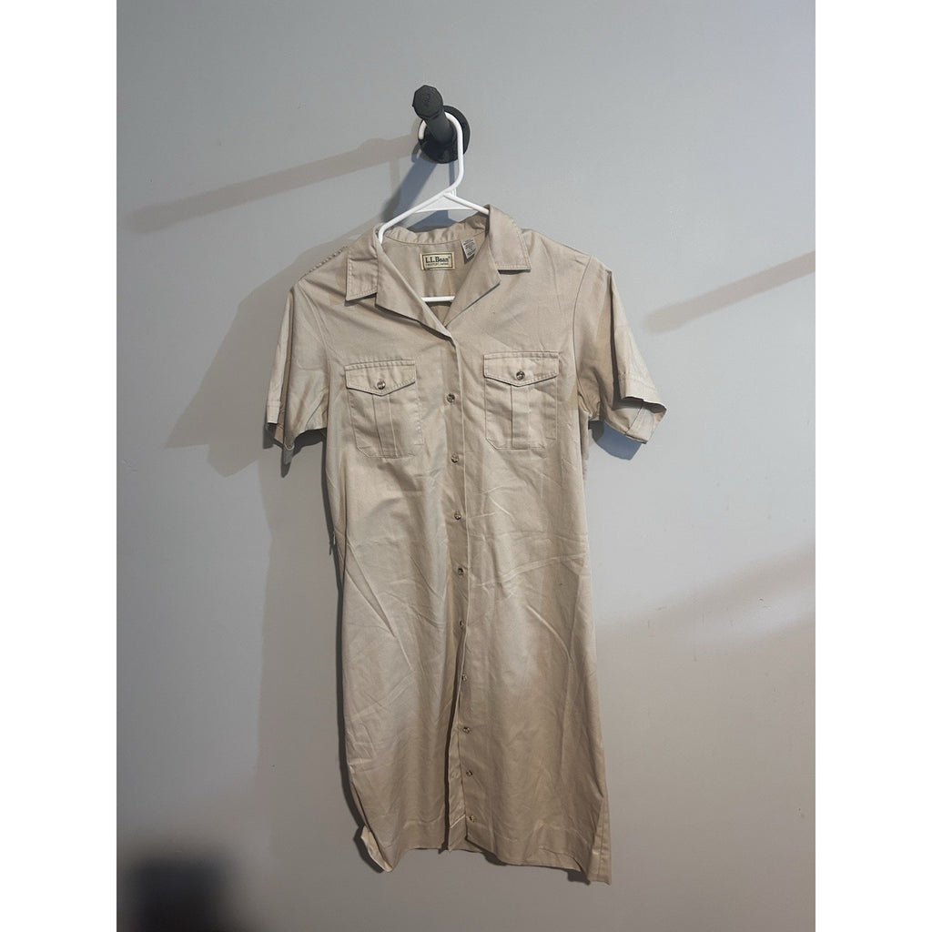 LL Bean Vintage 1980s Khaki Tan Cotton Safari Shirt Dress