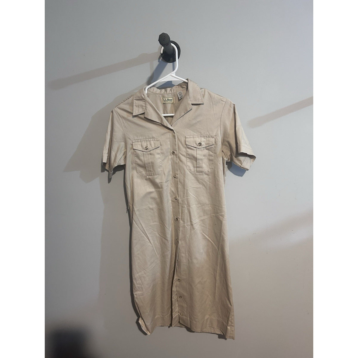 LL Bean Vintage 1980s Khaki Tan Cotton Safari Shirt Dress