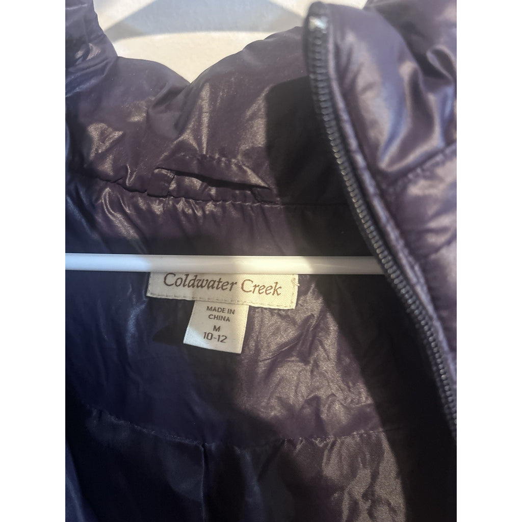 Coldwater Creek Womens 10-12 Purple Down Puffer Coat Hood Faux Fur Long Zip