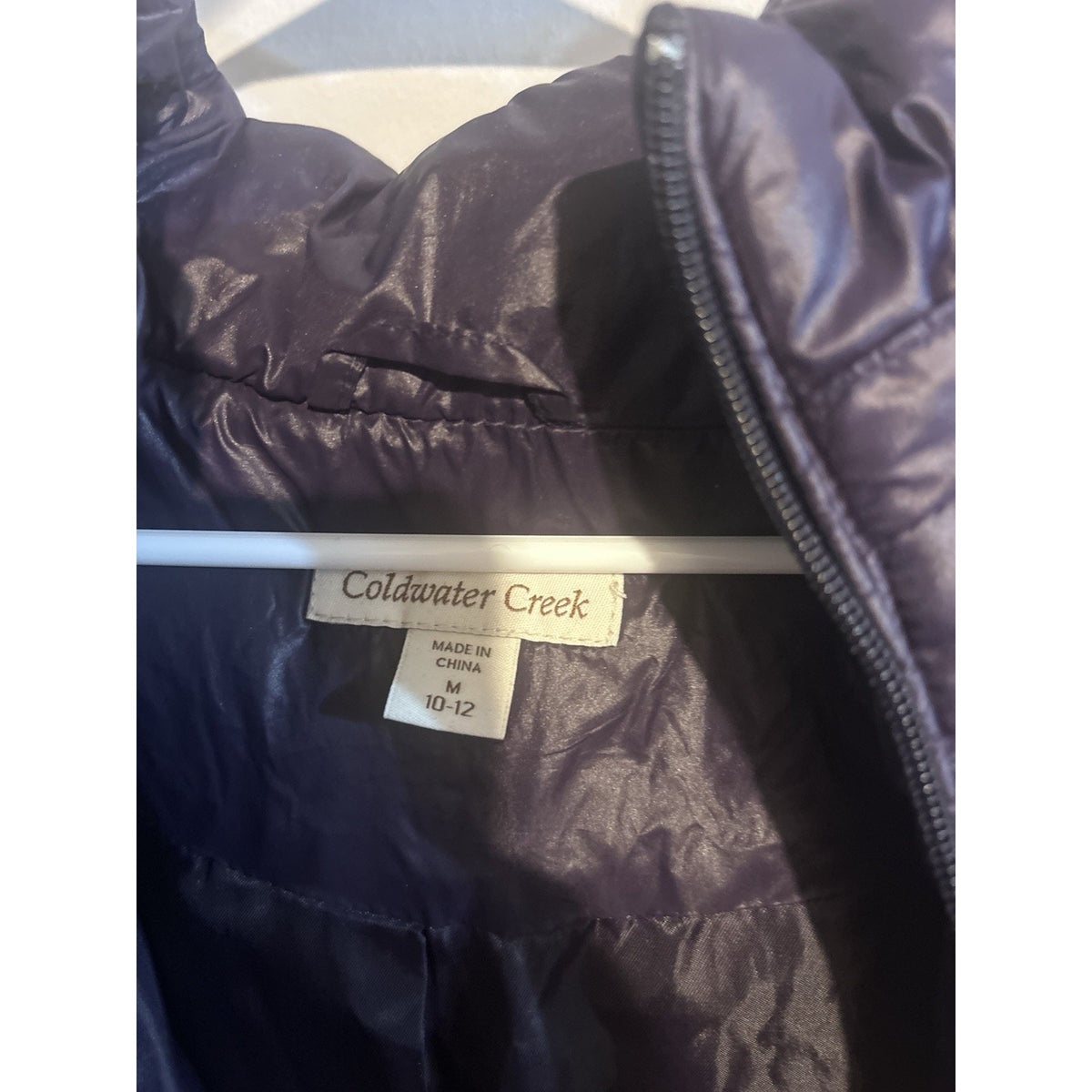 Coldwater Creek Womens 10-12 Purple Down Puffer Coat Hood Faux Fur Long Zip