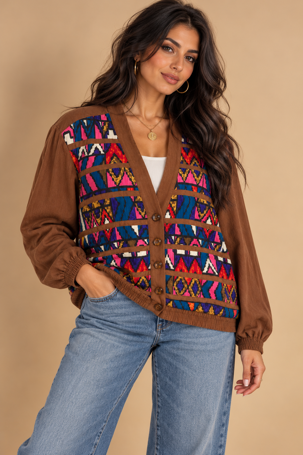 S.G. Sport Women’s Brown Multicolor Geometric Knit V-Neck Button Cardigan L