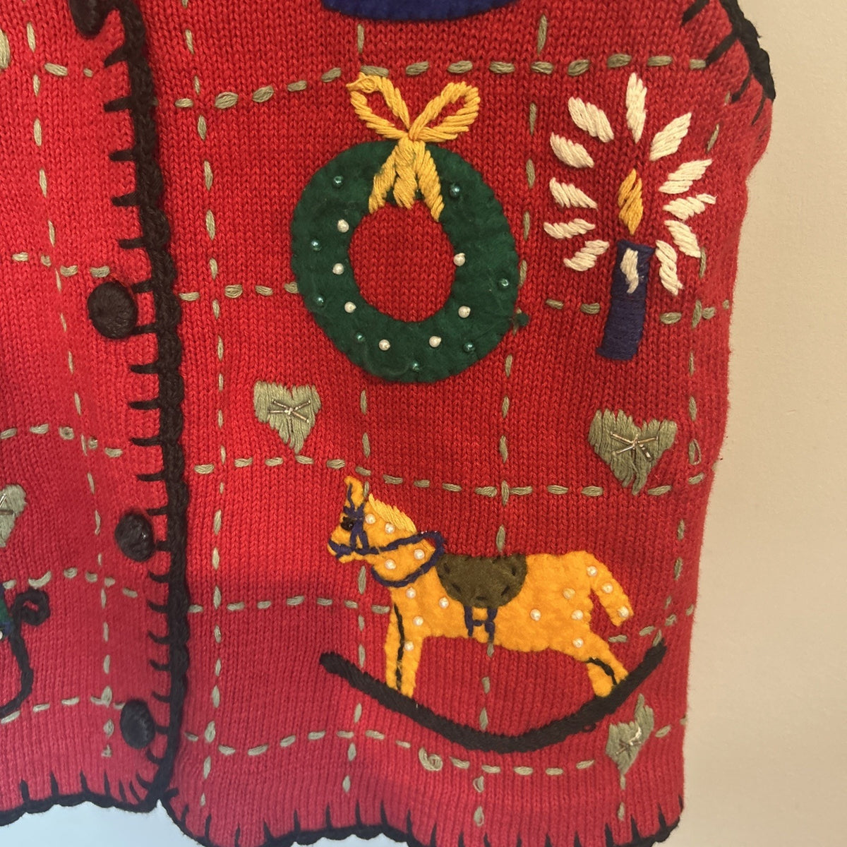 Christmas Sweater Vest Women - M Vintage Noel Red Embroidered Beaded Santa Elf