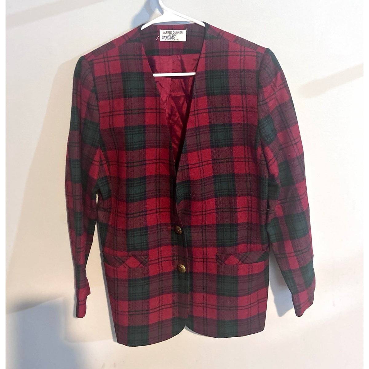 Alfred Dunner Womens Petite 6P Red Green Plaid Tweed Lined Blazer Jacket