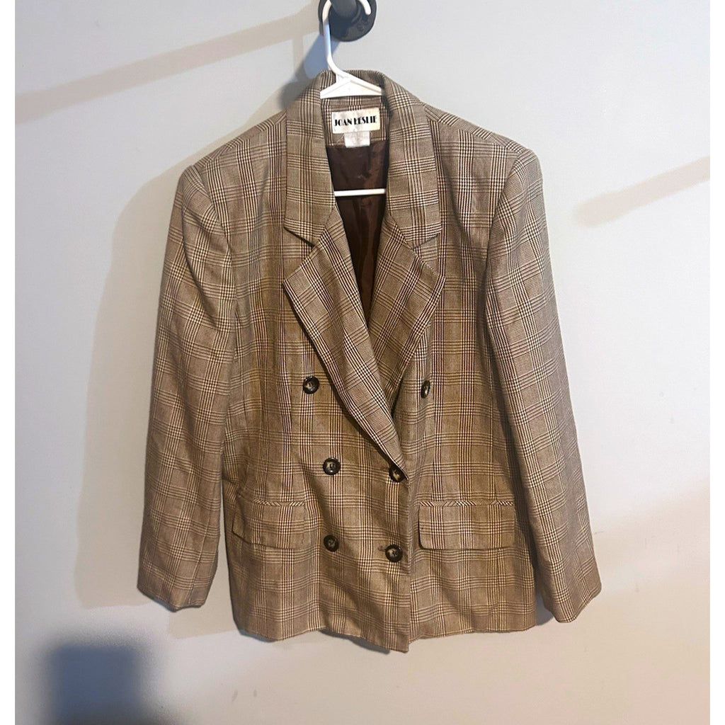 Joan Leslie Womens Brown Plaid Tweed Wool Double Breasted Lined Blazer 12P VTG