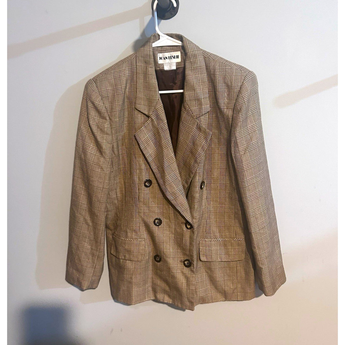 Joan Leslie Womens Brown Plaid Tweed Wool Double Breasted Lined Blazer 12P VTG