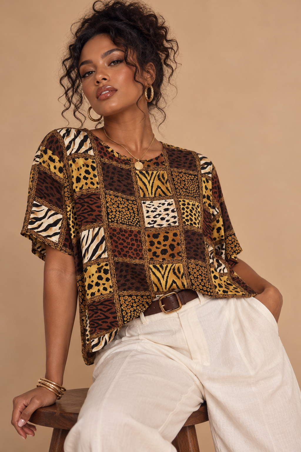 Notations Women’s Blouse L SS Round Neck Animal Print Patchwork Brown/Beige