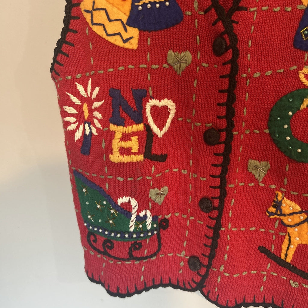 Christmas Sweater Vest Women - M Vintage Noel Red Embroidered Beaded Santa Elf