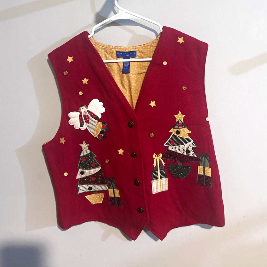 Karen Scott Women’s Red Christmas Angel Graphic Knit Button Front Sweater Vest L