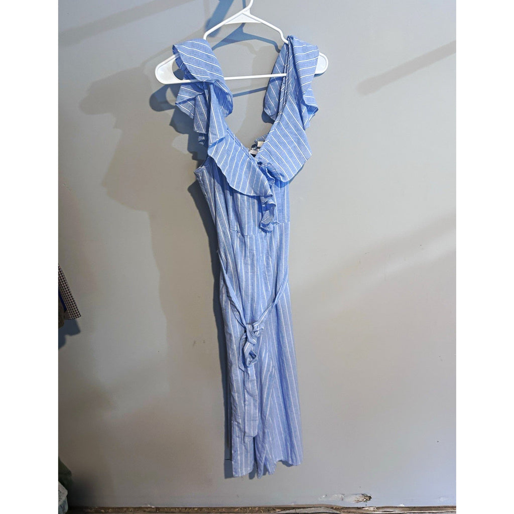 UMGEE Blue/White Striped Ruffle Off-Shoulder Sleeveless Zip Jumpsuit M