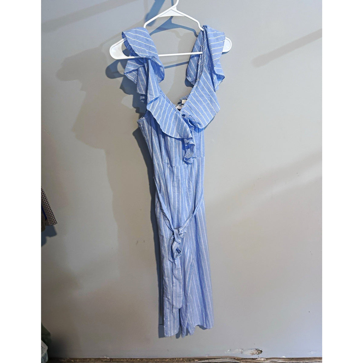 UMGEE Blue/White Striped Ruffle Off-Shoulder Sleeveless Zip Jumpsuit M