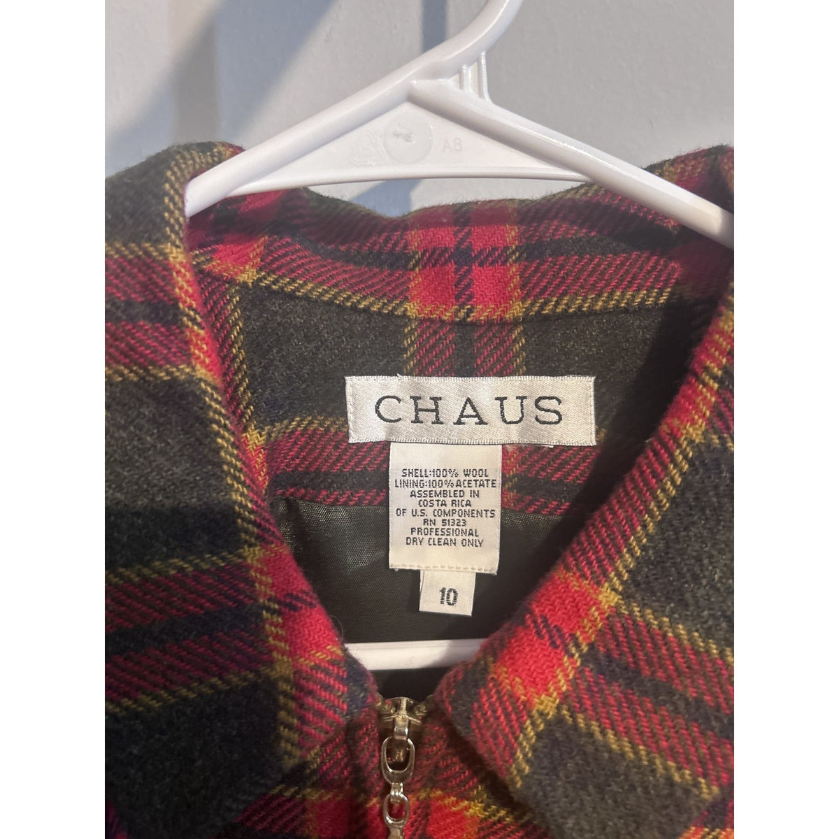 Chaus Red and Gold Plaid Zip Up Blazer 100% Wool Shell Women's size 10