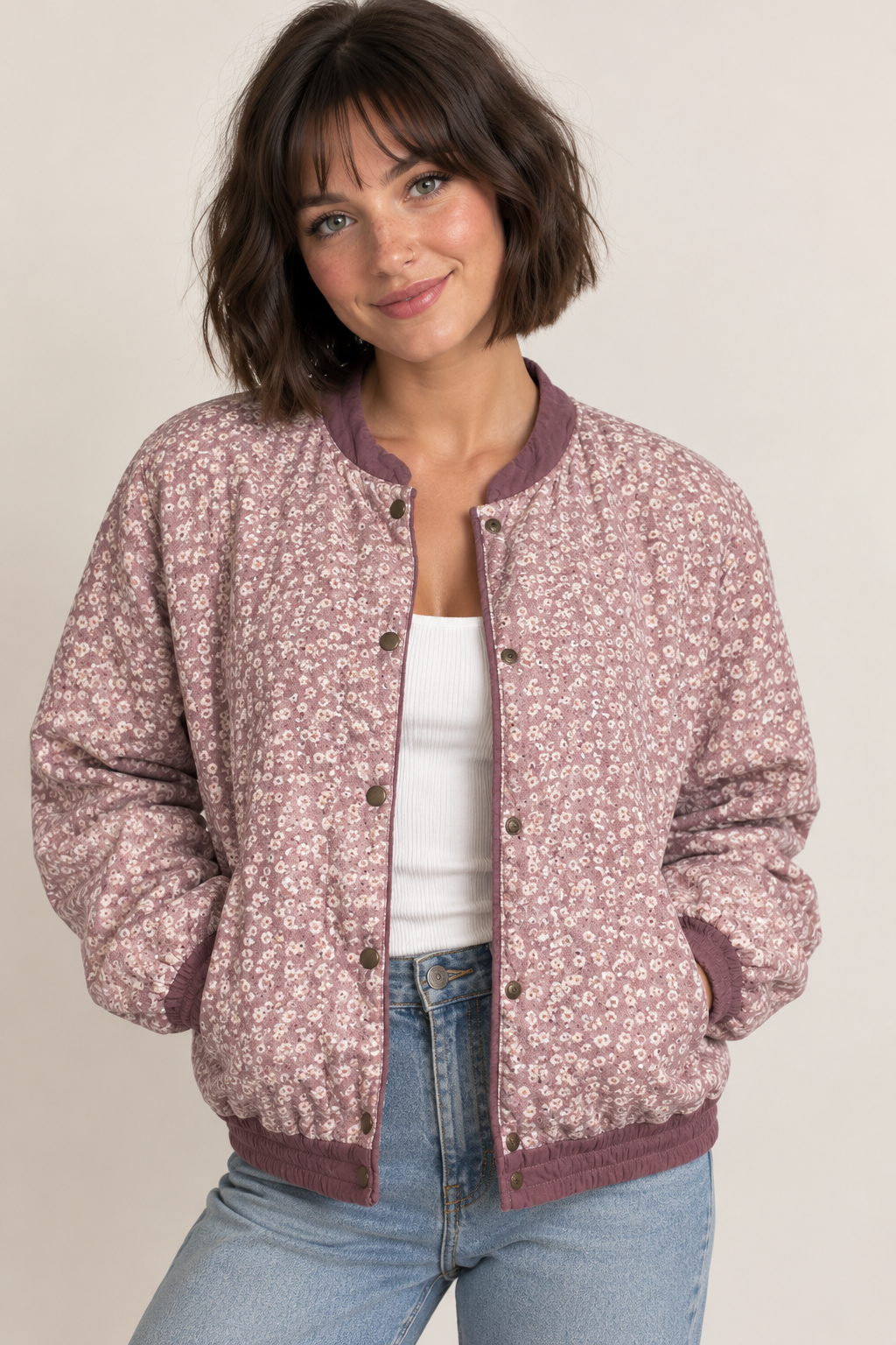 Silk Exchange Womens Purple Floral Silk Bomber Jacket Snap Front Size S