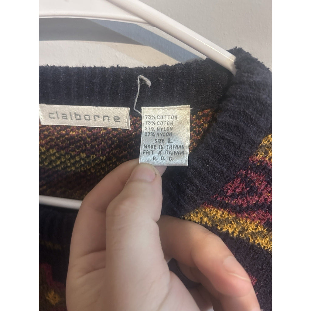 Claiborne Men's Multicolor Geometric Knit Crewneck Pullover Sweater Size L VTG
