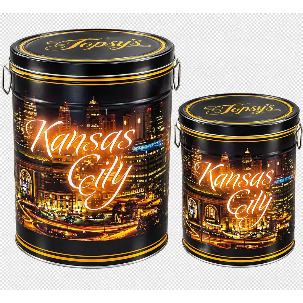 Topsy’s 50th anniversary Popcorn Tins - Featuring Kansas City Skyline
