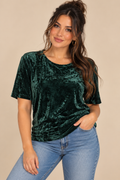 VTG JoRo Fashion Women’s Emerald Green Solid Velvet Blouse Top L SS Round Neck