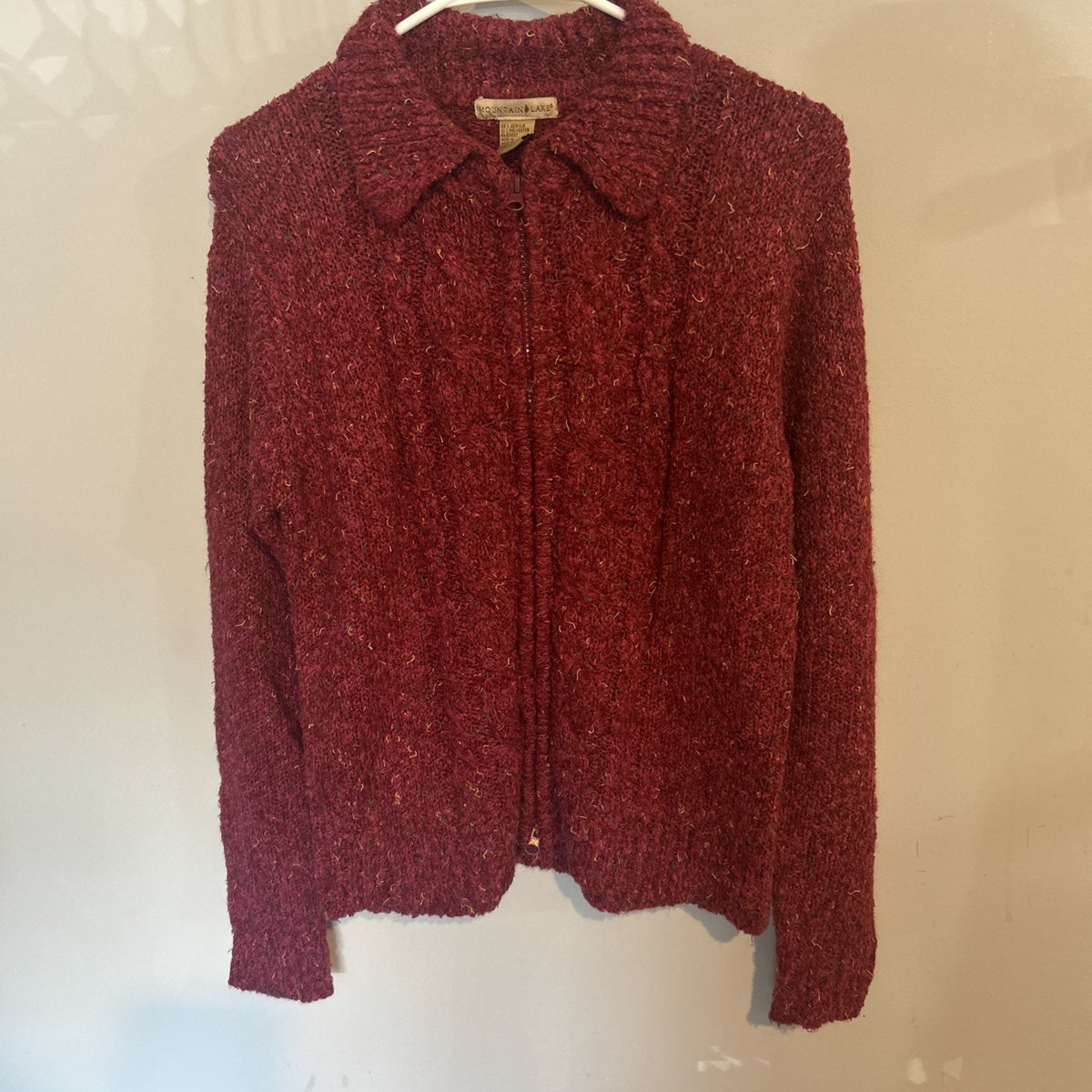 Mountain Lake Women's Burgundy Textured Knit Zip Front Collared Sweater Size L