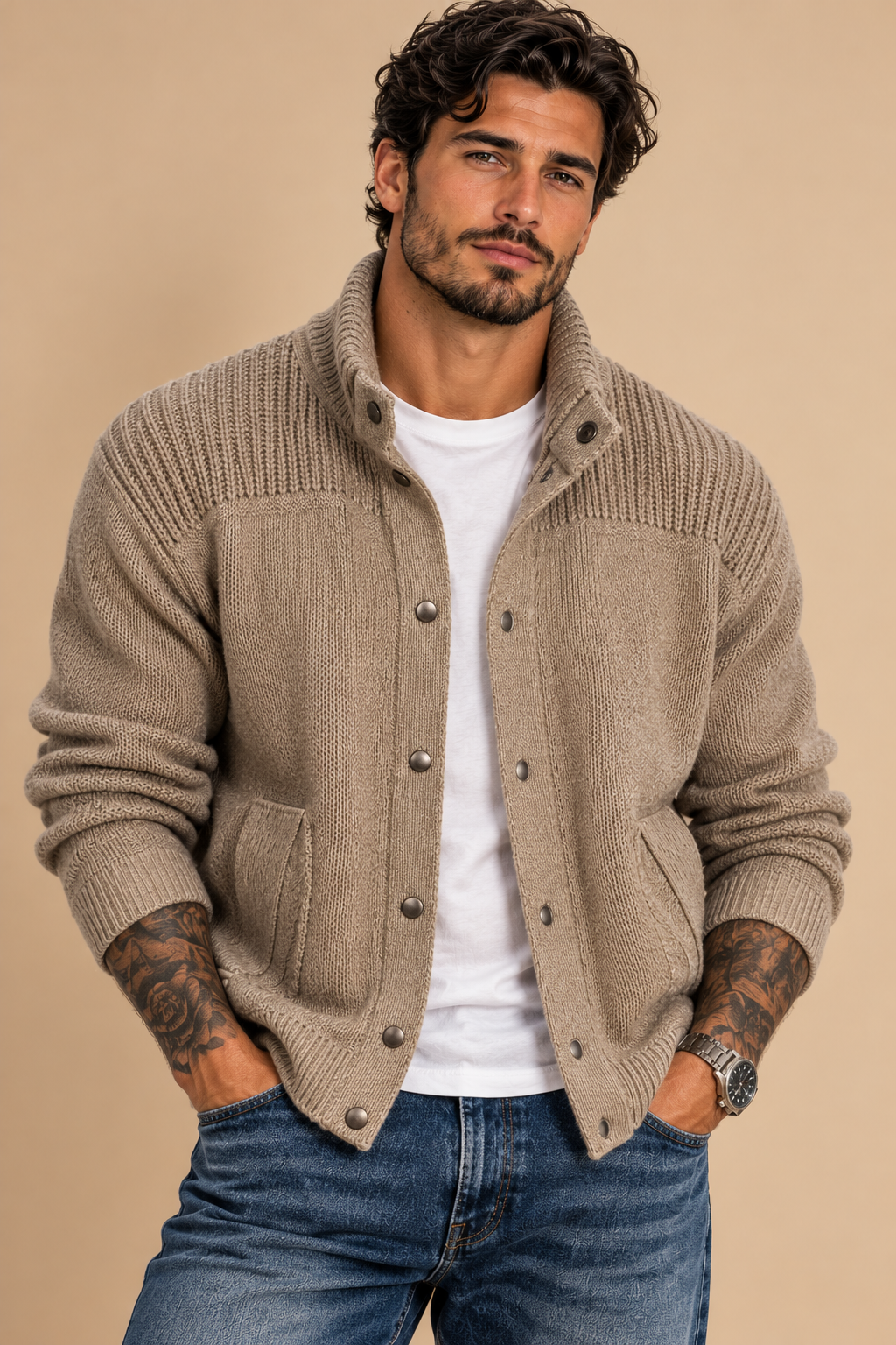 Banana Republic Men's Beige Cotton Cable-Knit Mock Neck Cardigan Pockets L