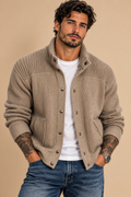 Banana Republic Men's Beige Cotton Cable-Knit Mock Neck Cardigan Pockets L