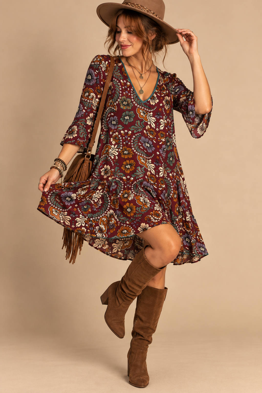 Entro Women Burgundy Floral Shift Dress M 3/4 Sleeve V-Neck Knee Lined