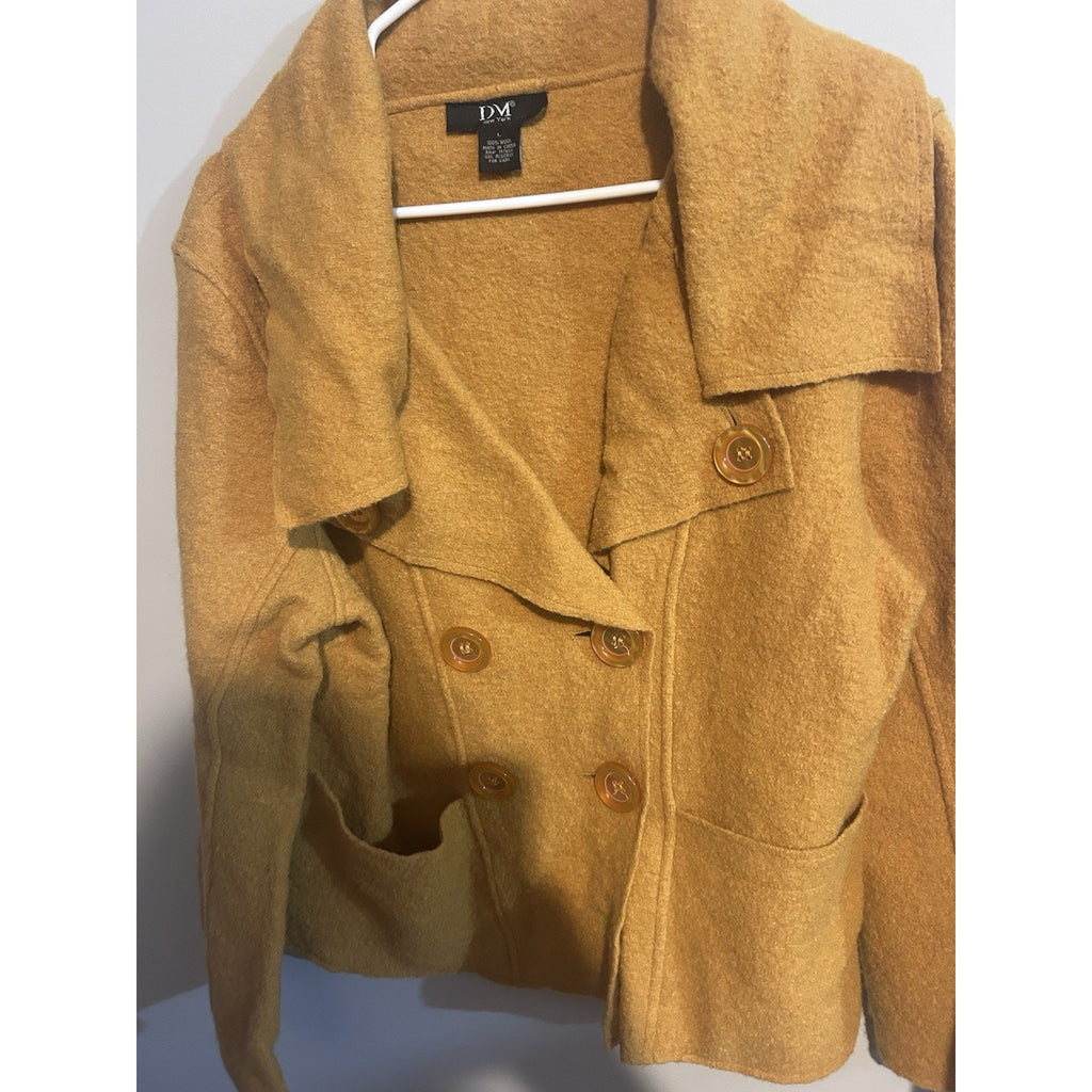 DM New York Womens Tan Wool Felted Pea Coat Jacket Button Front Pockets Size L