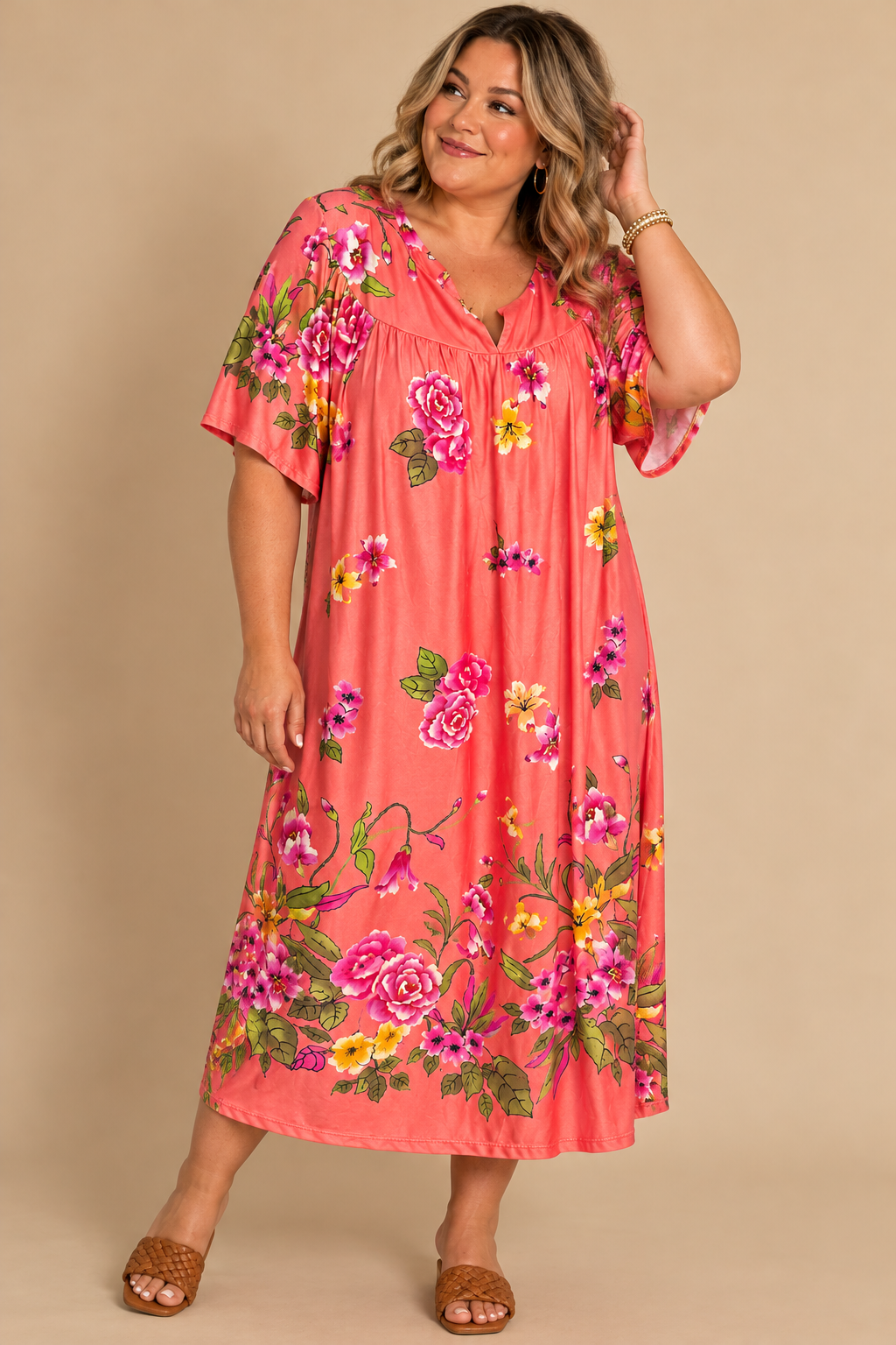 Anthony Richards Women Pink/Multicolor Floral V-Neck Shift Dress SS 2XL